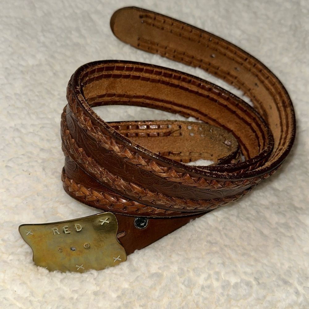 Vintage 44 Brown Gold Tone Buckle Tooled Braided Leather Belt x RED Embossed